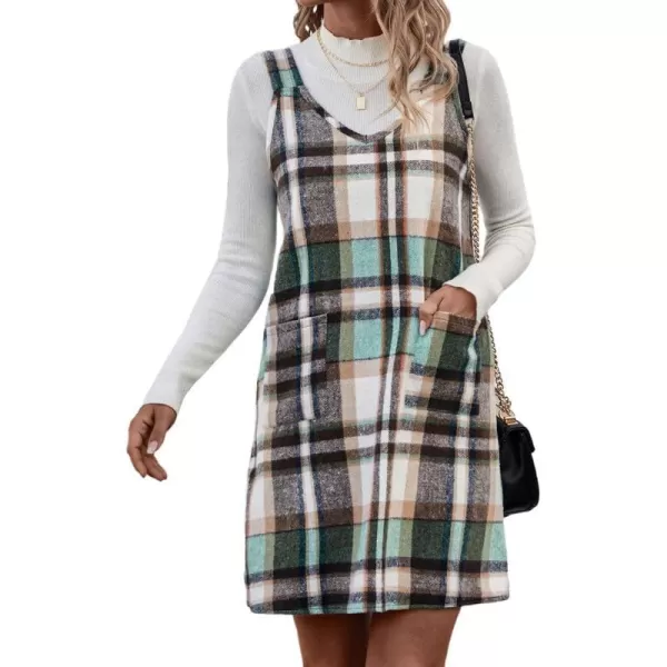 IDEALSANXUN Plaid Overall Dress for Women 2023 Fall Winter Sleeveless Plaid Dresses with PocketsGreen