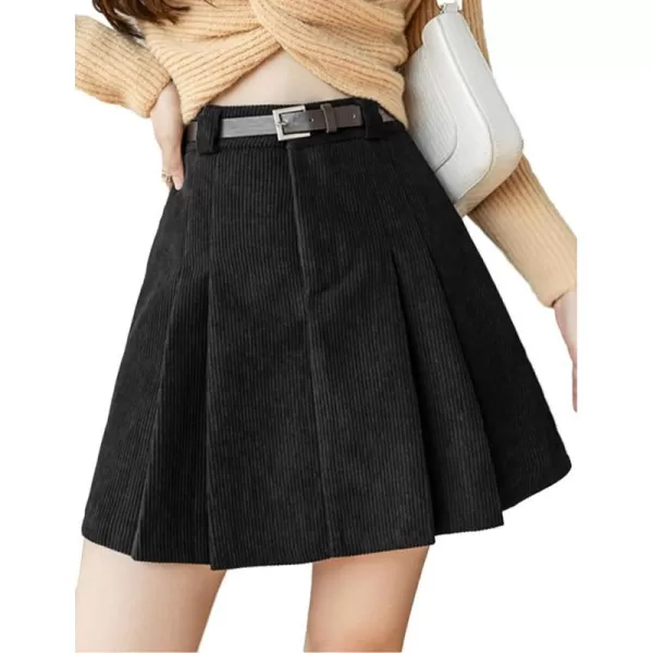 IDEALSANXUN Pleated Corduroy Mini Skirt for Women High Waisted Flared A Line Short SkirtBlack