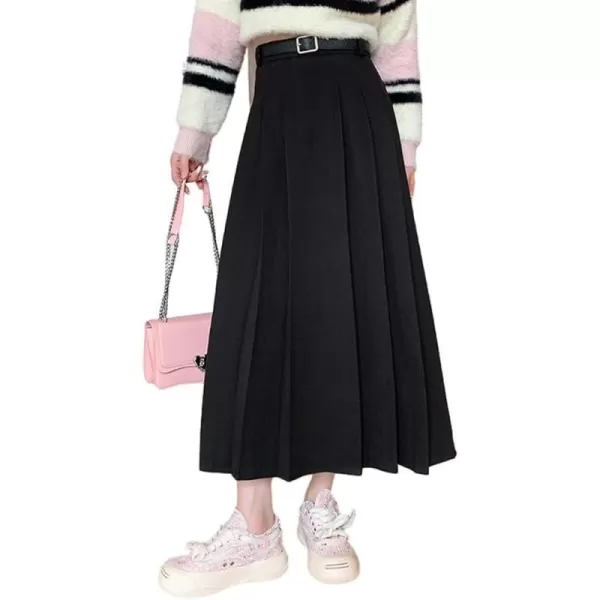 IDEALSANXUN Pleated Wool Skirt for Women High Waisted A Line Fall Winter 2023 Trendy Long Maxi SkirtBlack