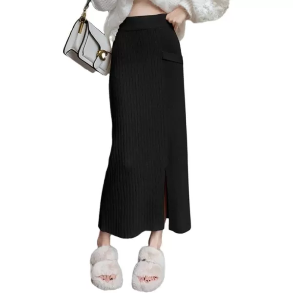 IDEALSANXUN Ribbed Knit Maxi Skirt for Women High Waisted A Line Bodycon Fall Winter Long Skirt with SlitBlack