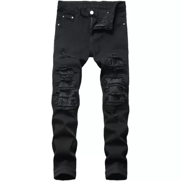 IDEALSANXUN Ripped Jeans Men Pattern Straight Leg Skinny Slim Fit Stretch JeansBlack 8008