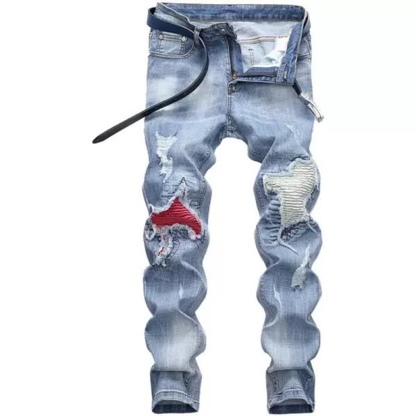 IDEALSANXUN Ripped Jeans Men Pattern Straight Leg Skinny Slim Fit Stretch JeansLight Blue 9703