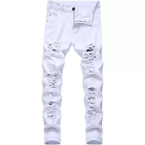 IDEALSANXUN Ripped Jeans Men Pattern Straight Leg Skinny Slim Fit Stretch JeansWhite 499