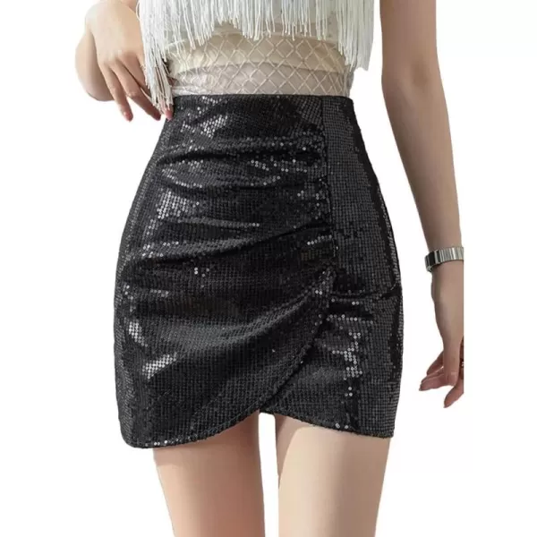 IDEALSANXUN Sequin Skirt for Women High Waisted Asymmetrical Tulip Hem Glitter Sparkly Mini Bodycon SkirtBlack