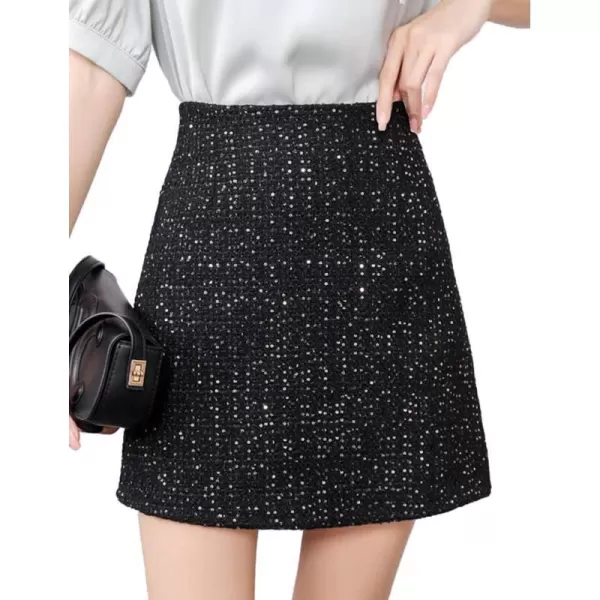 IDEALSANXUN Sequin Tweed Skirts for Women Trendy High Waisted Sparkly Bodycon Mini Skirt with ShortsBlack