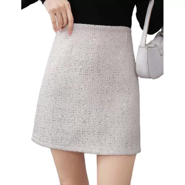 IDEALSANXUN Sequin Tweed Skirts for Women Trendy High Waisted Sparkly Bodycon Mini Skirt with ShortsWhite