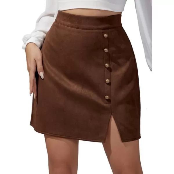 IDEALSANXUN Suede Mini Skirt for Women High Waisted Pencil Bodycon Spring Summer Short Skirt with SlitBrown