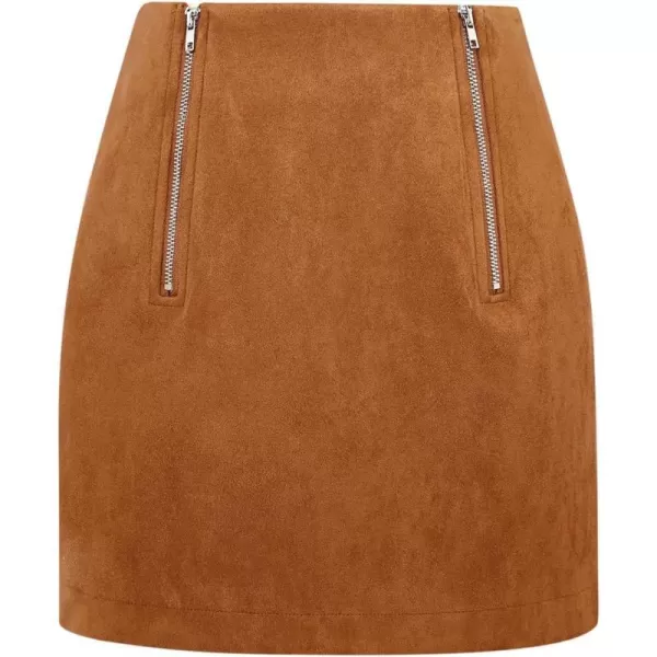 IDEALSANXUN Suede Skirts for Women 2023 High Waisted Bodycon Mini Skirt with Double ZipperBrown