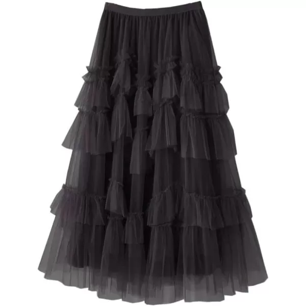 IDEALSANXUN Tulle Skirts for Women High Waisted Layered Pleated Tutu Fairy Mesh Ruffle Midi SkirtBlack