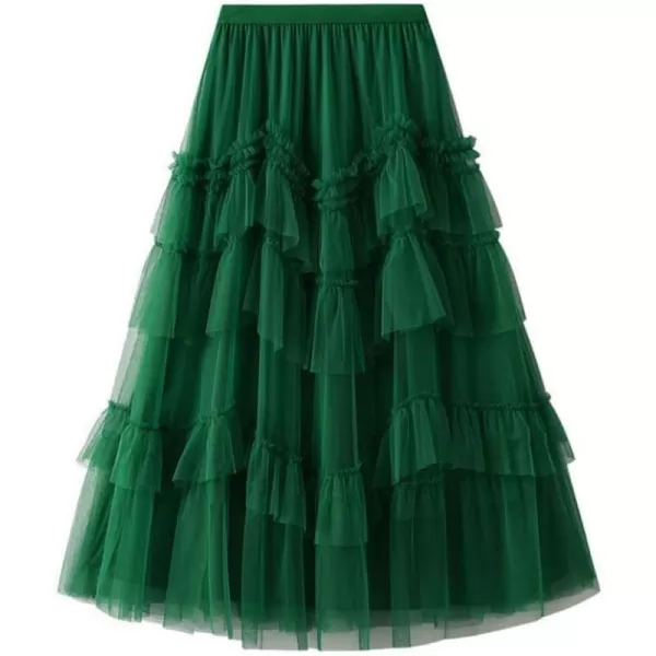 IDEALSANXUN Tulle Skirts for Women High Waisted Layered Pleated Tutu Fairy Mesh Ruffle Midi SkirtGreen