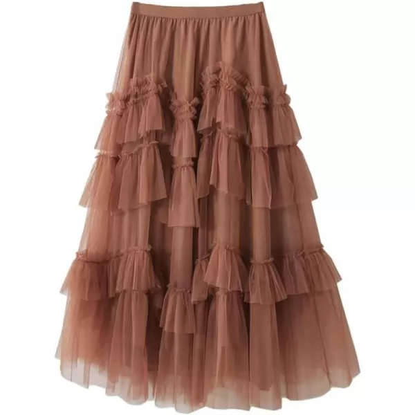 IDEALSANXUN Tulle Skirts for Women High Waisted Layered Pleated Tutu Fairy Mesh Ruffle Midi SkirtKhaki
