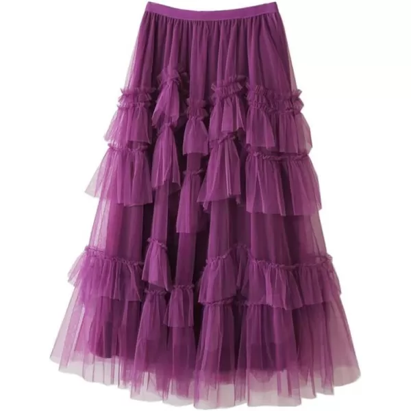 IDEALSANXUN Tulle Skirts for Women High Waisted Layered Pleated Tutu Fairy Mesh Ruffle Midi SkirtPurple