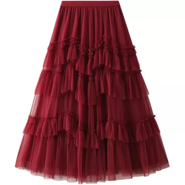 IDEALSANXUN Tulle Skirts for Women High Waisted Layered Pleated Tutu Fairy Mesh Ruffle Midi SkirtRed