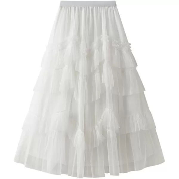 IDEALSANXUN Tulle Skirts for Women High Waisted Layered Pleated Tutu Fairy Mesh Ruffle Midi SkirtWhite