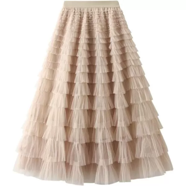 IDEALSANXUN Tulle Skirts for Women High Waisted Layered Ruffle Fluffy Fairy Mesh Tutu Pleated Long SkirtApricot