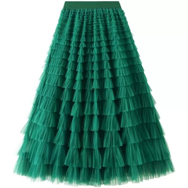 IDEALSANXUN Tulle Skirts for Women High Waisted Layered Ruffle Fluffy Fairy Mesh Tutu Pleated Long SkirtGreen