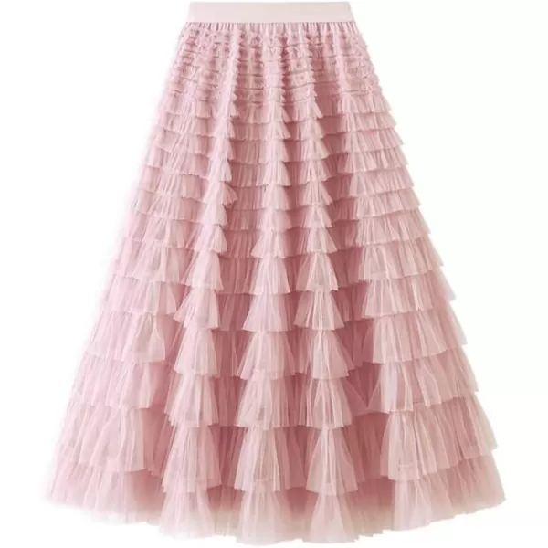 IDEALSANXUN Tulle Skirts for Women High Waisted Layered Ruffle Fluffy Fairy Mesh Tutu Pleated Long SkirtPink