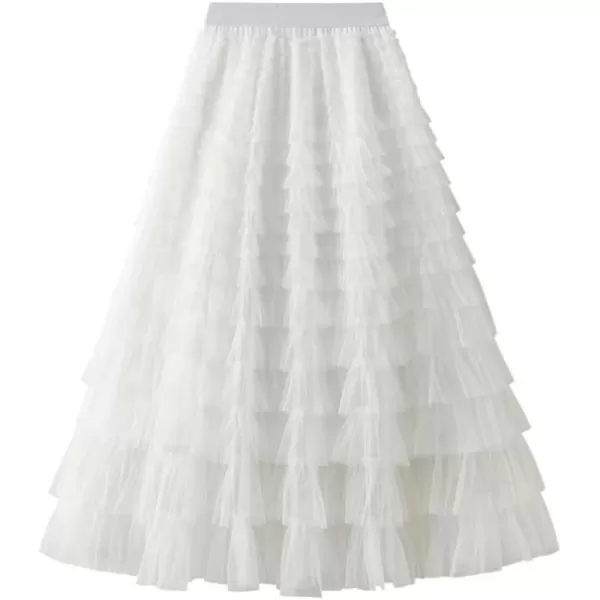 IDEALSANXUN Tulle Skirts for Women High Waisted Layered Ruffle Fluffy Fairy Mesh Tutu Pleated Long SkirtWhite