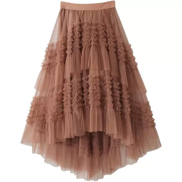 IDEALSANXUN Tulle Skirts for Women High Waisted Pleated Tiered Fairy Mesh Tutu Dress A Line Fashion Fluffy Ruffle Midi SkirtKhaki