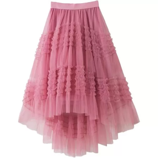 IDEALSANXUN Tulle Skirts for Women High Waisted Pleated Tiered Fairy Mesh Tutu Dress A Line Fashion Fluffy Ruffle Midi SkirtPink