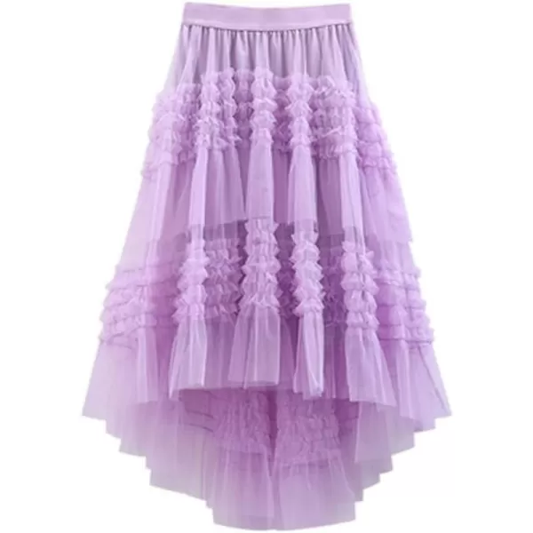 IDEALSANXUN Tulle Skirts for Women High Waisted Pleated Tiered Fairy Mesh Tutu Dress A Line Fashion Fluffy Ruffle Midi SkirtPurple