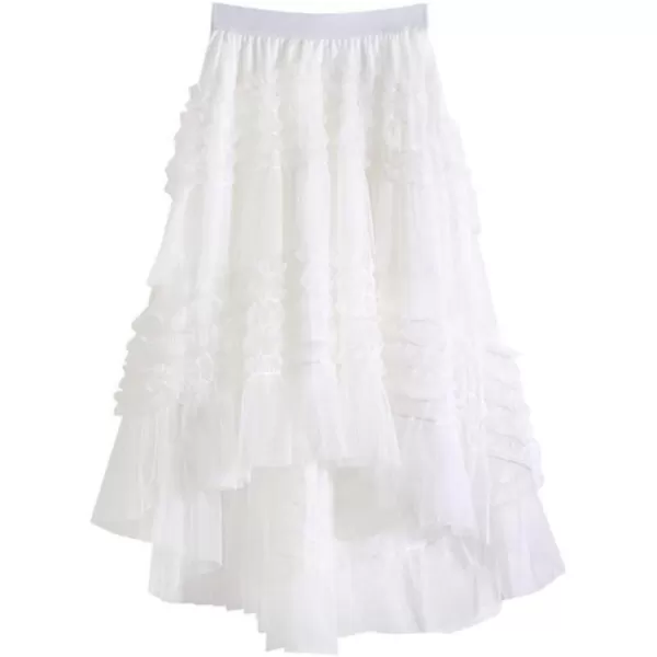 IDEALSANXUN Tulle Skirts for Women High Waisted Pleated Tiered Fairy Mesh Tutu Dress A Line Fashion Fluffy Ruffle Midi SkirtWhite