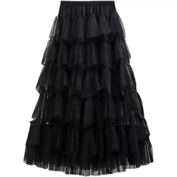 IDEALSANXUN Tulle Skirts for Women Trendy 2023 Summer Pleated A Line Maxi Midi Long SkirtBlack