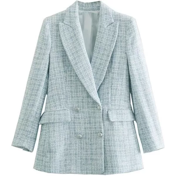 IDEALSANXUN Tweed Blazers for Women Business Casual Plaid Jackets CoatsBlue