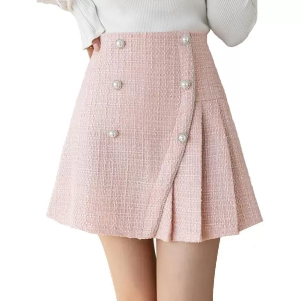 IDEALSANXUN Tweed Mini Skirt High Waisted A Line Casual Fall Winter 2023 Trendy Pleated SkirtsPink