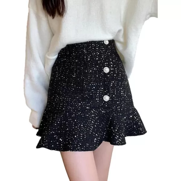 IDEALSANXUN Tweed Mini Skirts for Women Trendy High Waisted Ruffle Sparkly Bodycon Sequin SkirtBlack