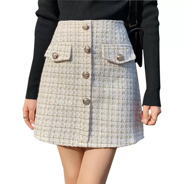 IDEALSANXUN Tweed Plaid Skirt for Women Fall Winter High Waisted Bodycon A Line Mini SkirtsBeige