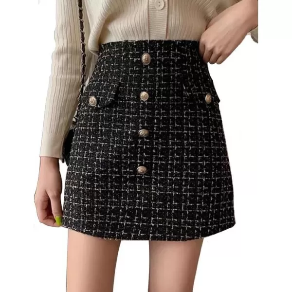 IDEALSANXUN Tweed Plaid Skirt for Women Fall Winter High Waisted Bodycon A Line Mini SkirtsBlack