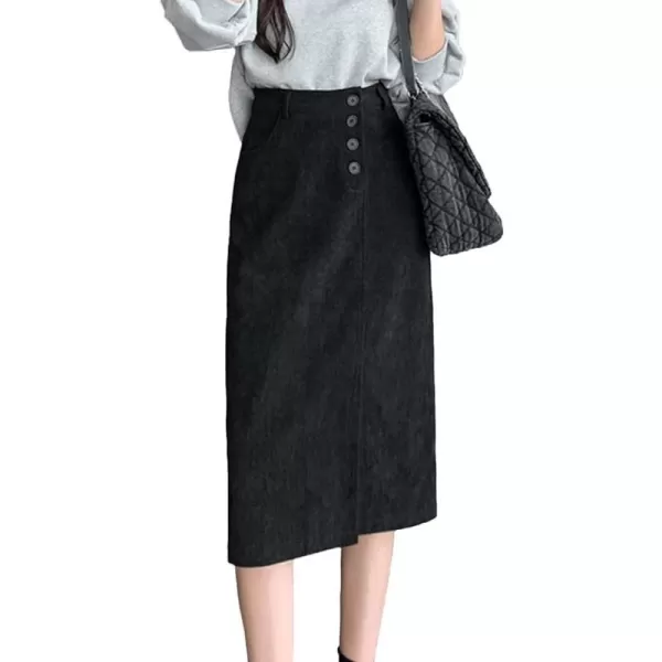 IDEALSANXUN Warm Corduroy Midi Skirts for Women High Waisted Button Front A Line Slit Fall Winter SkirtBlack