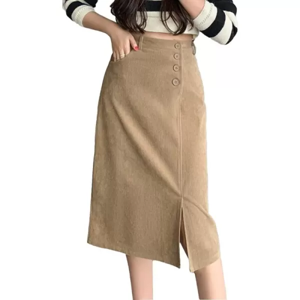 IDEALSANXUN Warm Corduroy Midi Skirts for Women High Waisted Button Front A Line Slit Fall Winter SkirtKhaki