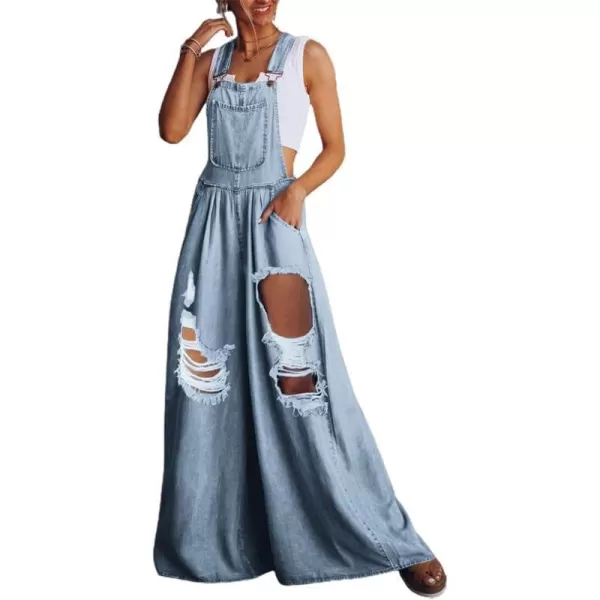 IDEALSANXUN Wide Leg Denim Jumpsuit for Women Denim Romper Jean Loose fit OverallsRipped Light Blue