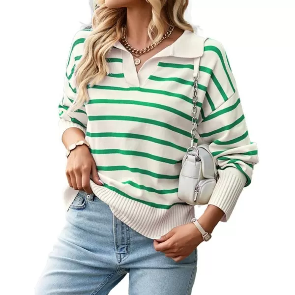 IDEALSANXUN Women Knit Sweaters Trendy Casual Loose Long Sleeve Polo Striped Ribbed Pullover SweaterGreen