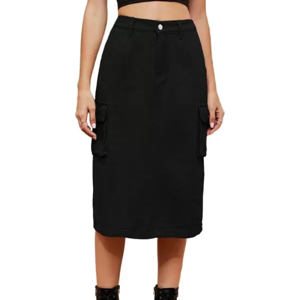 IDEALSANXUN Women Long Cargo Skirt Fashion 2023 High Waisted Y2K Jean Denim Midi Skirts with SlitBlack