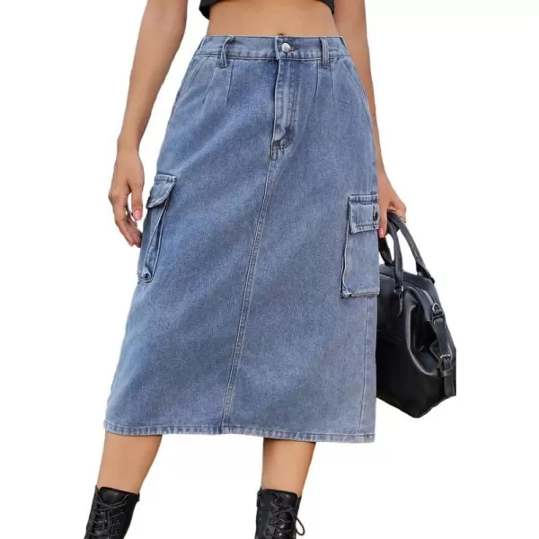 IDEALSANXUN Women Long Cargo Skirt Fashion 2023 High Waisted Y2K Jean Denim Midi Skirts with SlitBlue