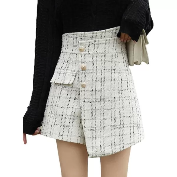 IDEALSANXUN Womens Asymmetrical Plaid Skirt Shorts Trendy High Waisted Tweed Mini Skirt ShortsBeige