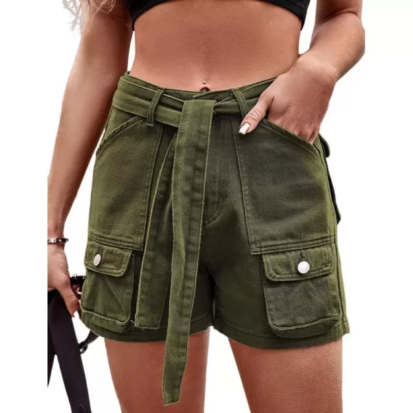 IDEALSANXUN Womens Cargo Shorts Summer Jean Shorts High Waisted Y2K Cool Denim Short with Tie BeltArmy