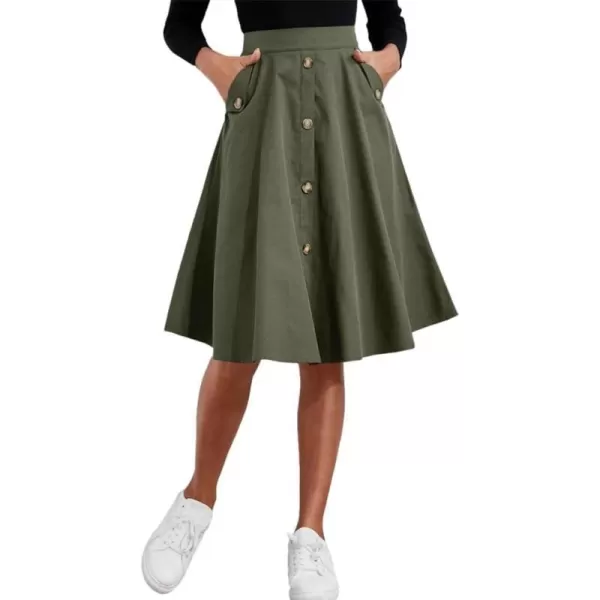 IDEALSANXUN Womens Casual High Waisted A Line Flowy Flare Cotton Business Knee Length Skirt with PocketGreen