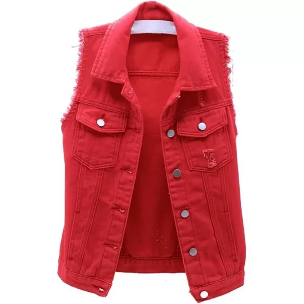 IDEALSANXUN Womens Casual Ripped Denim Vest WaistcoatRed