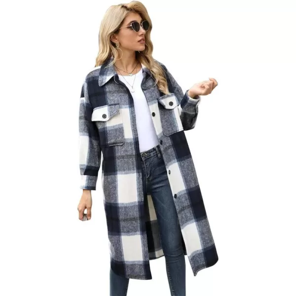 IDEALSANXUN Womens Casual Thicken Plaid Wool Long Shirt Jackets Flannel ShacketsNavy 01