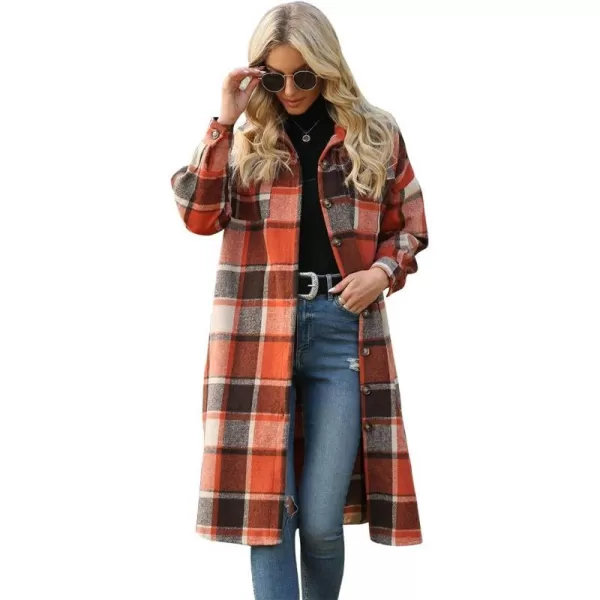 IDEALSANXUN Womens Casual Thicken Plaid Wool Long Shirt Jackets Flannel ShacketsOrange