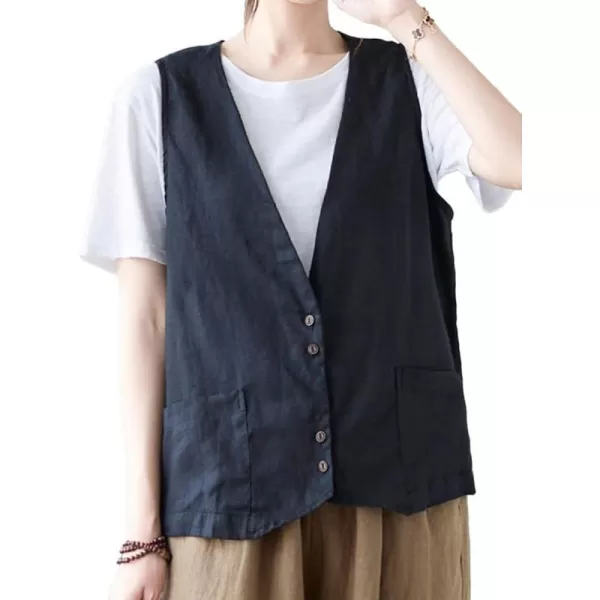 IDEALSANXUN Womens Cotton Linen Vest Casual Sleeveless Blazer Cardigans Lightweight Jacket Waistcoat2 Black