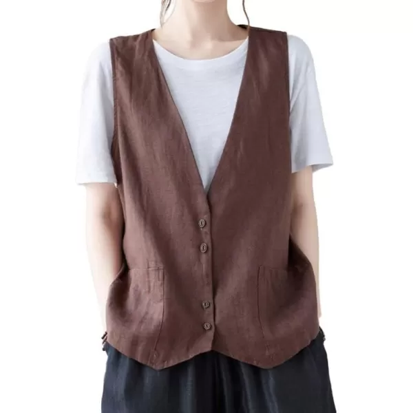 IDEALSANXUN Womens Cotton Linen Vest Casual Sleeveless Blazer Cardigans Lightweight Jacket Waistcoat2 Coffee