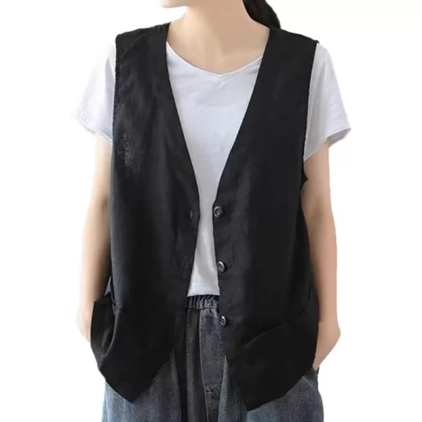 IDEALSANXUN Womens Cotton Linen Vest Casual Sleeveless Blazer Cardigans Lightweight Jacket WaistcoatBlack