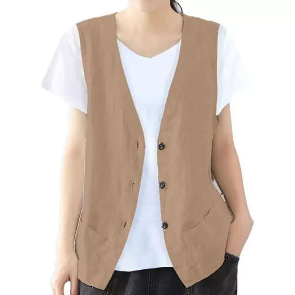 IDEALSANXUN Womens Cotton Linen Vest Casual Sleeveless Blazer Cardigans Lightweight Jacket WaistcoatKhaki