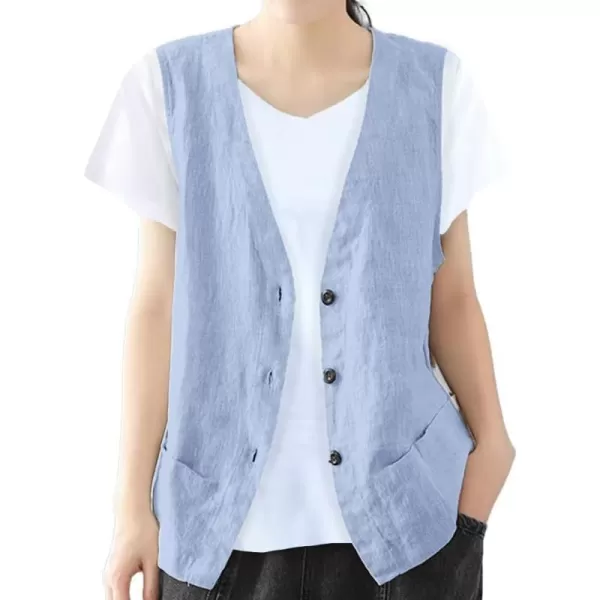 IDEALSANXUN Womens Cotton Linen Vest Casual Sleeveless Blazer Cardigans Lightweight Jacket WaistcoatLight Blue