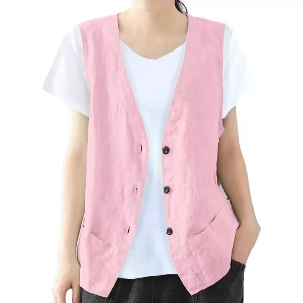 IDEALSANXUN Womens Cotton Linen Vest Casual Sleeveless Blazer Cardigans Lightweight Jacket WaistcoatPink